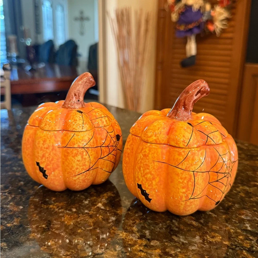 Halloween Orange Pumpkin Ceramic Containers with Lids-Set of 2